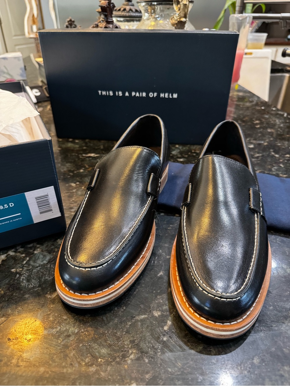 Helm Black Leather Slip-On Loafers with Contrast Welt 9.5 D
